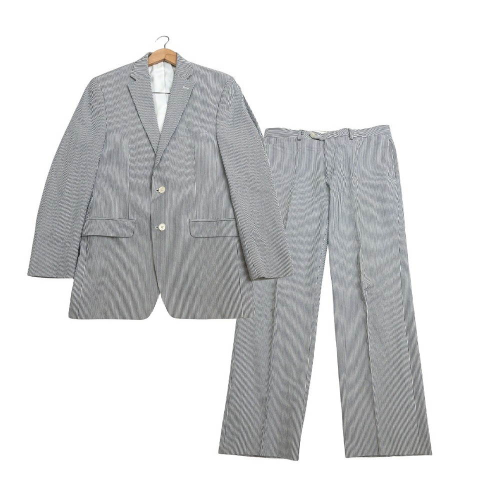 Lauren Ralph Lauren Seersucker Suit Mens 40R Blue White Striped Cotton 2pc - Picture 1 of 15